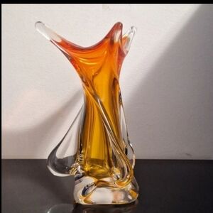 Vintage Signed Chalet Art Glass Vase Twisted Tornado Orange